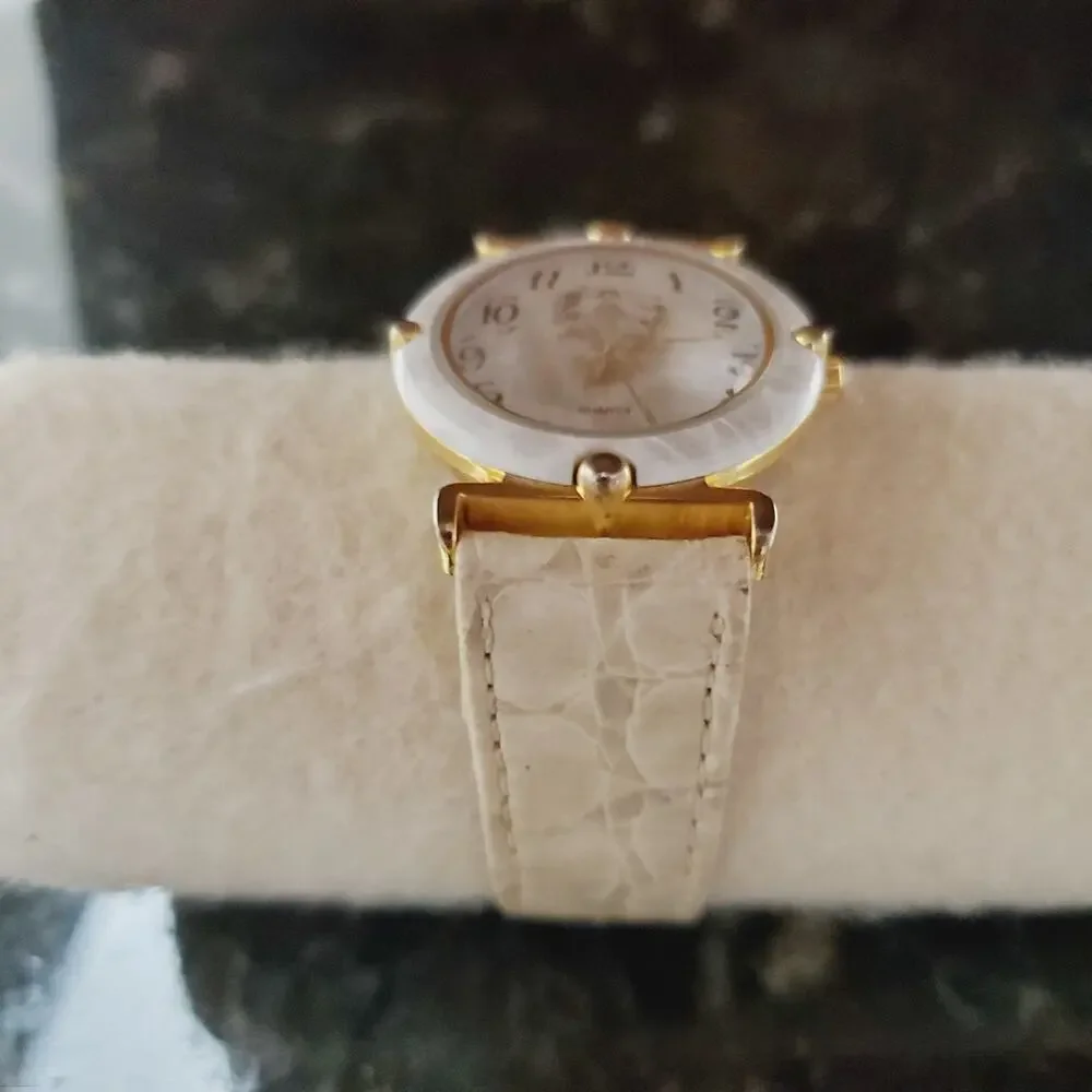 Vintage 80s Ronica Women's Marble Quartz Watch Leather White Band - New Battery